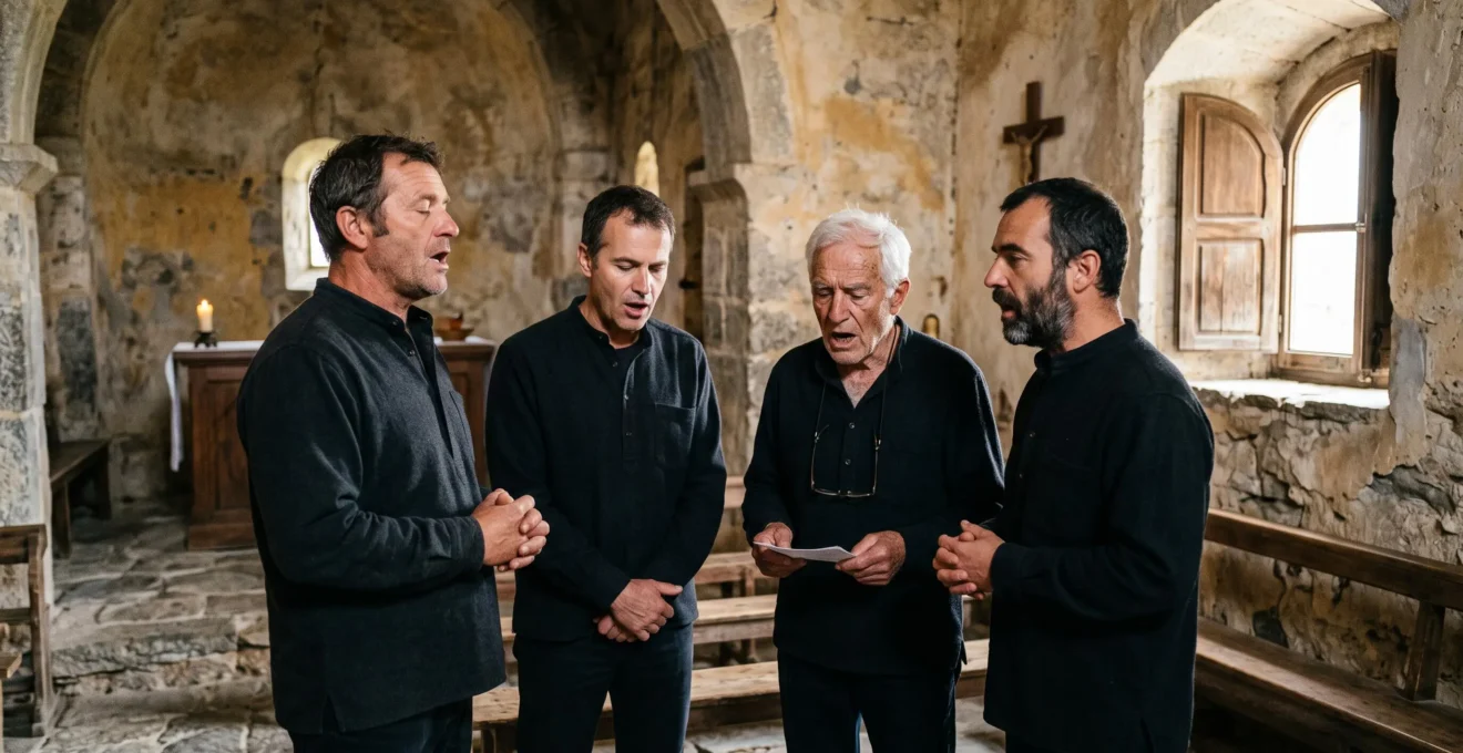 Un chœur d'hommes chante des polyphonies corses debout dans une petite chapelle de pierre d'un village de montagne.