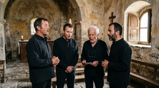 Un chœur d'hommes chante des polyphonies corses debout dans une petite chapelle de pierre d'un village de montagne.