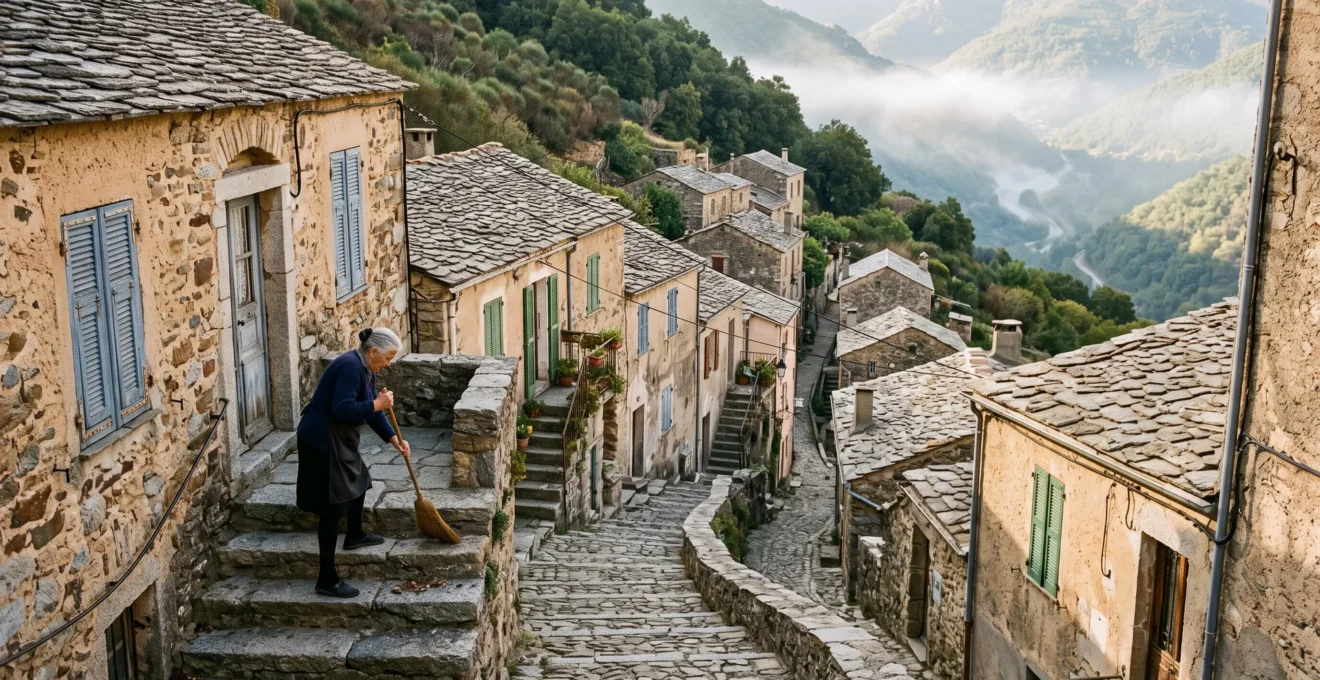 Une habitante balaye les marches de pierre devant sa maison dans un village perché de la Corse intérieure.