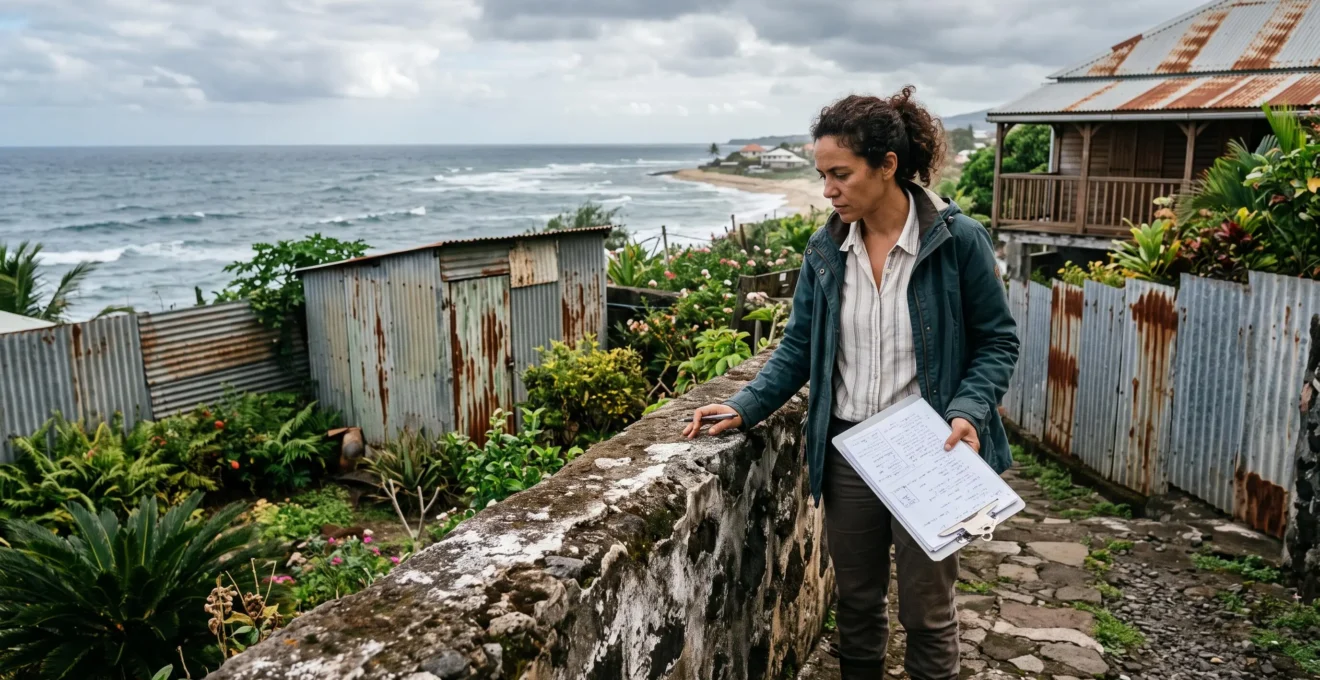 Une femme examine les traces de corrosion sur un mur dans le jardin d'une maison près de l'océan.